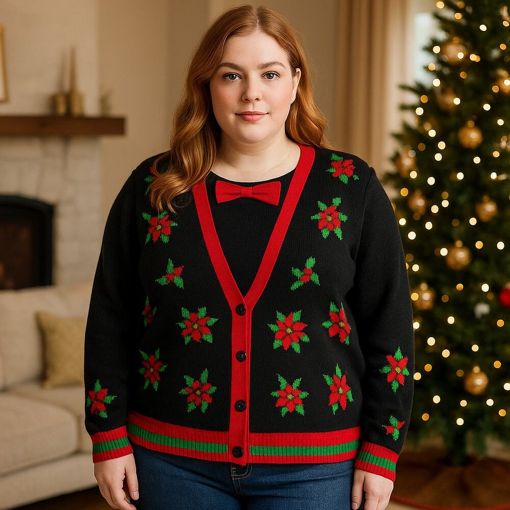 Jolly Sweaters Ugly Christmas Poinsettia Bow Neck Holiday Cardigan XL